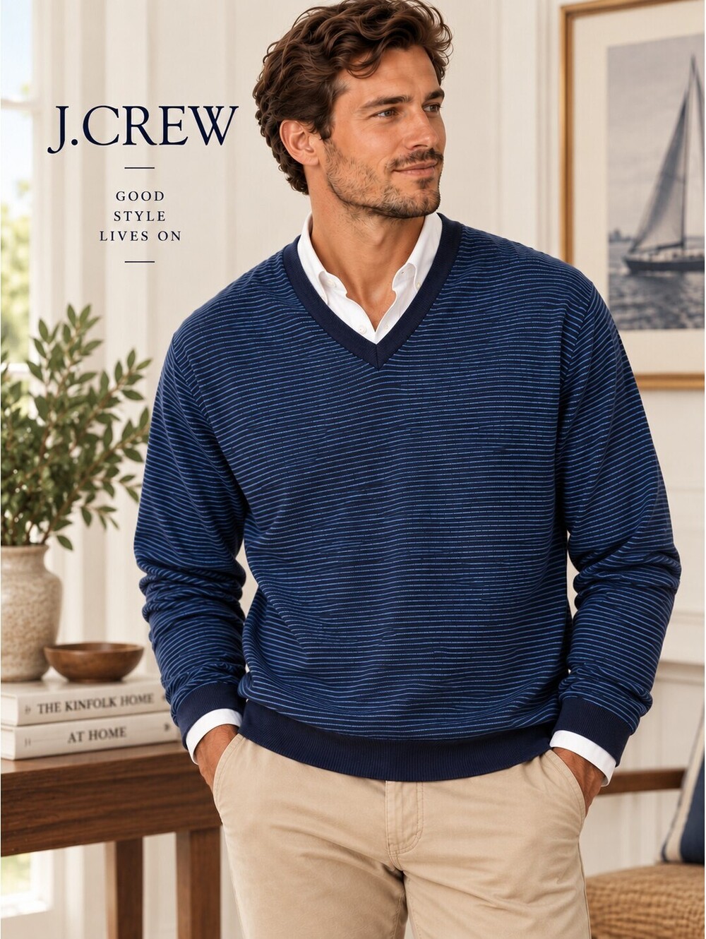 J.Crew Men's Navy Blue V-Neck Cotton Cashmere Sweater Medium